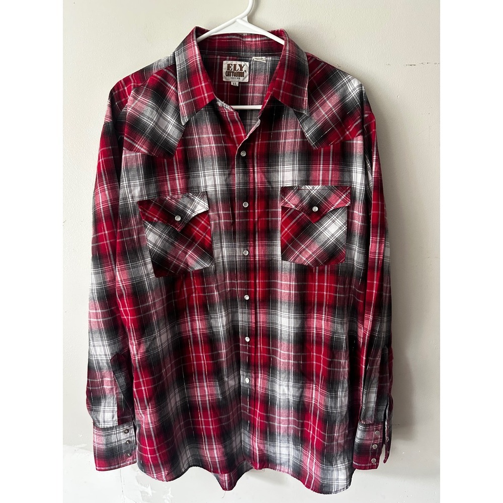 Ely Cattleman Mens XL Red Plaid Metallic Western Pearl Snap Shirt